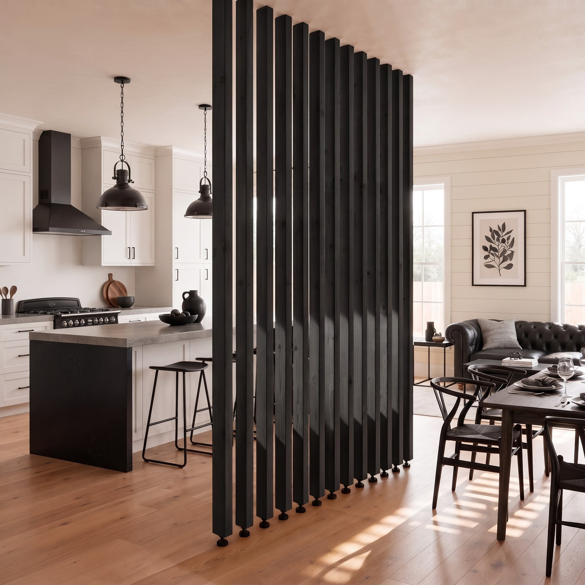 220cm High Black Slatted Room Divider / Solid Wood Floor to Ceiling / Timber Partition
