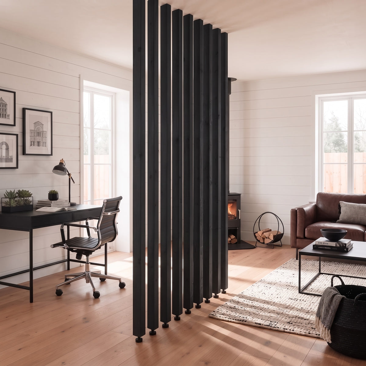 220cm High Black Slatted Room Divider / Solid Wood Floor to Ceiling / Timber Partition