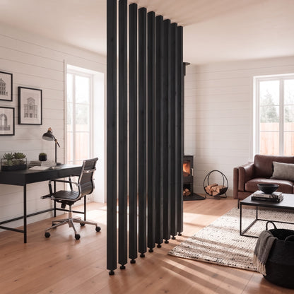 220cm High Black Slatted Room Divider / Solid Wood Floor to Ceiling / Timber Partition