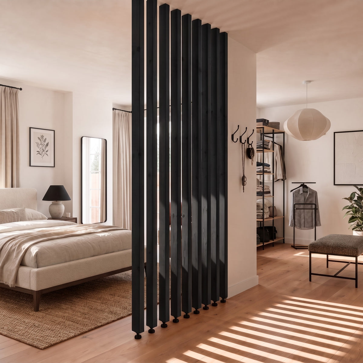 220cm High Black Slatted Room Divider / Solid Wood Floor to Ceiling / Timber Partition