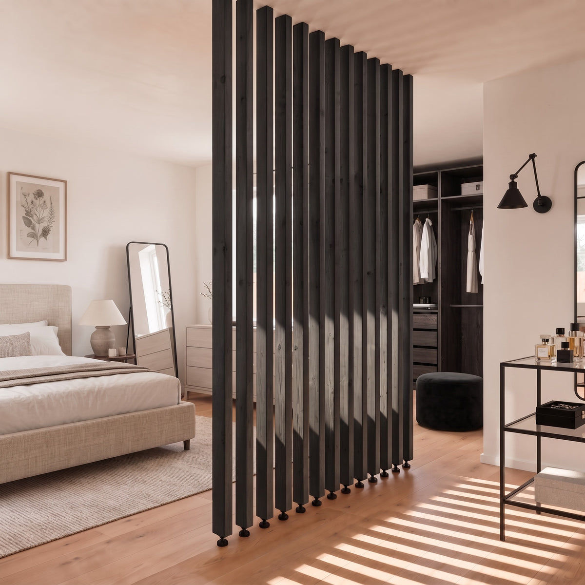 220cm High Black Slatted Room Divider / Solid Wood Floor to Ceiling / Timber Partition