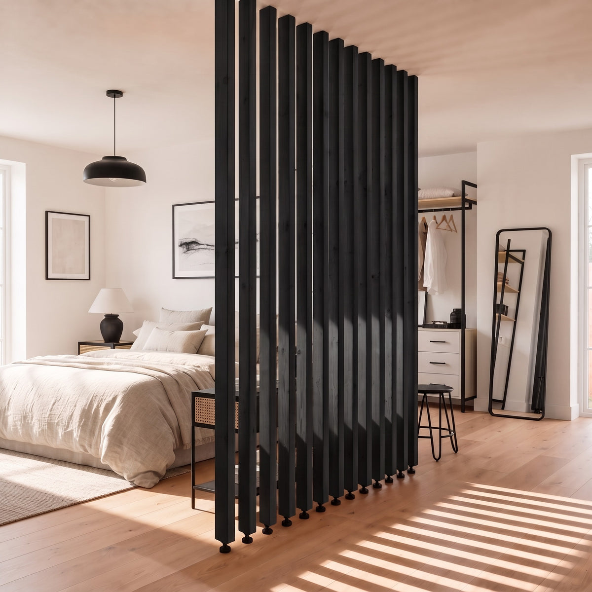 220cm High Black Slatted Room Divider / Solid Wood Floor to Ceiling / Timber Partition