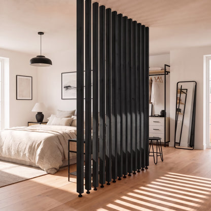 220cm High Black Slatted Room Divider / Solid Wood Floor to Ceiling / Timber Partition