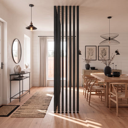 220cm High Black Slatted Room Divider / Solid Wood Floor to Ceiling / Timber Partition