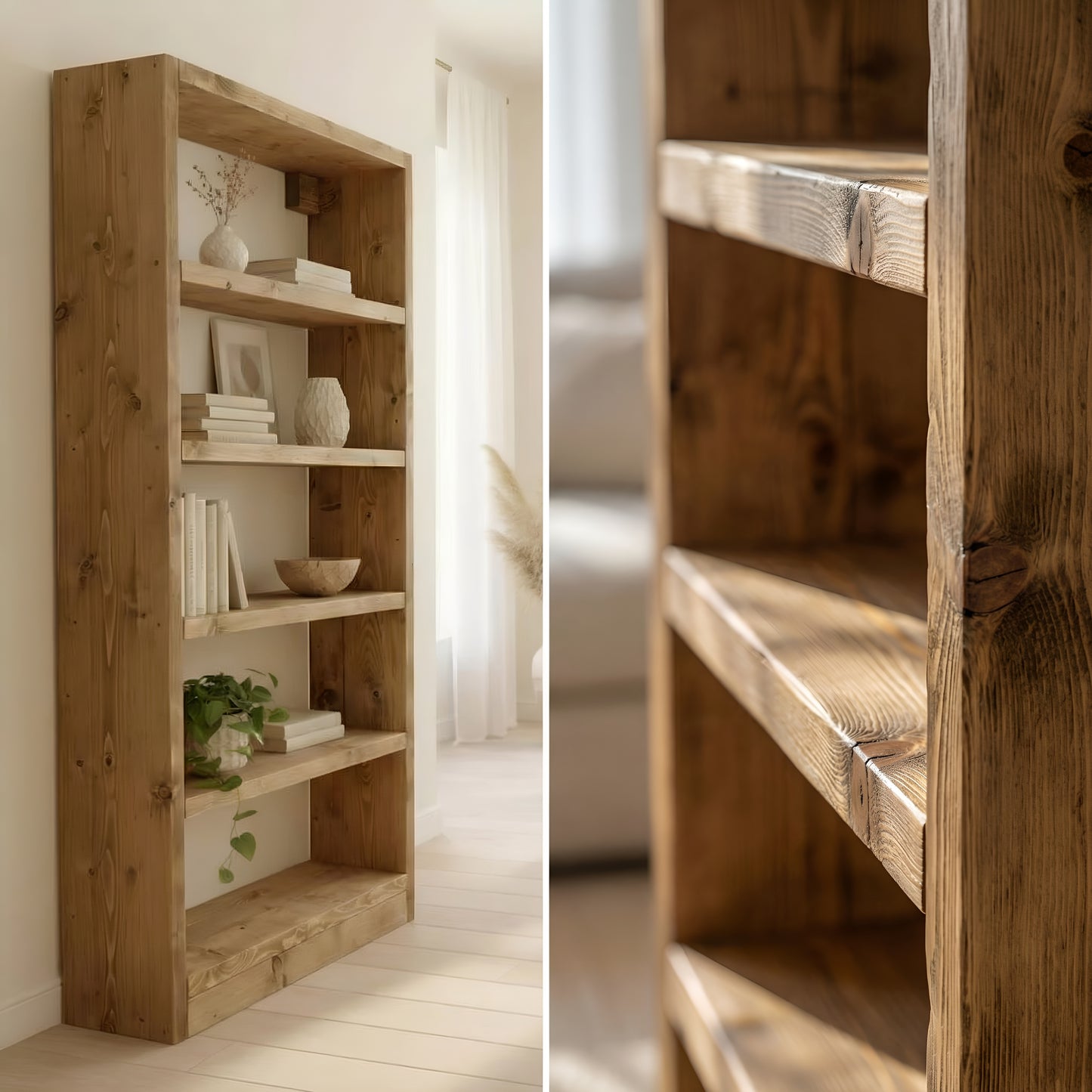 Solid Wood Bookshelf – Natural Finish Open Bookcase, Rustic Scandinavian Design