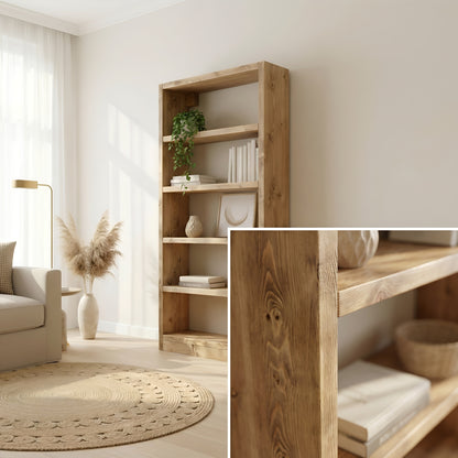 Solid Wood Bookshelf – Natural Finish Open Bookcase, Rustic Scandinavian Design