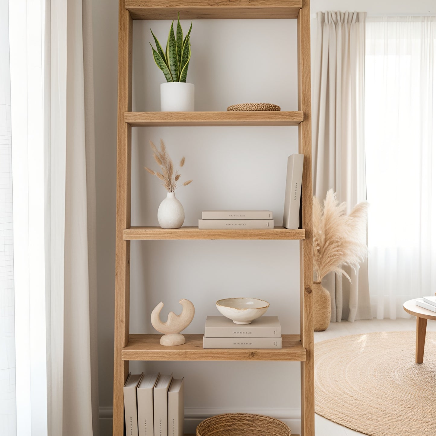 Solid Wood Ladder Bookshelf – Modern Farmhouse Bohemian Style