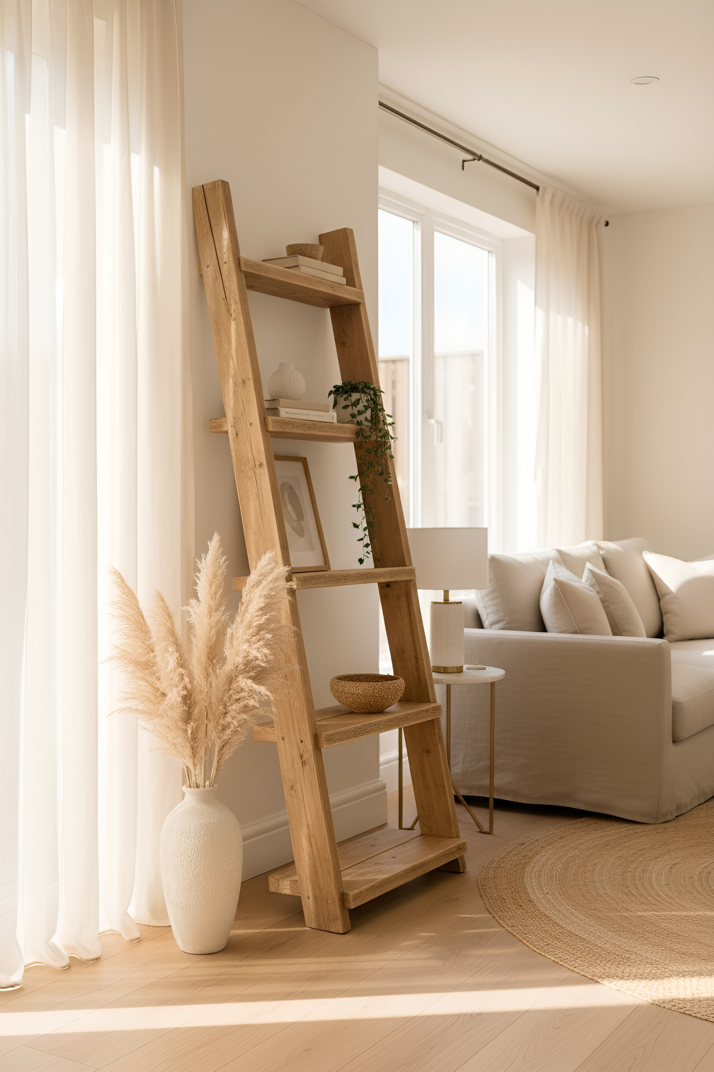 Solid Wood Ladder Bookshelf – Modern Farmhouse Bohemian Style