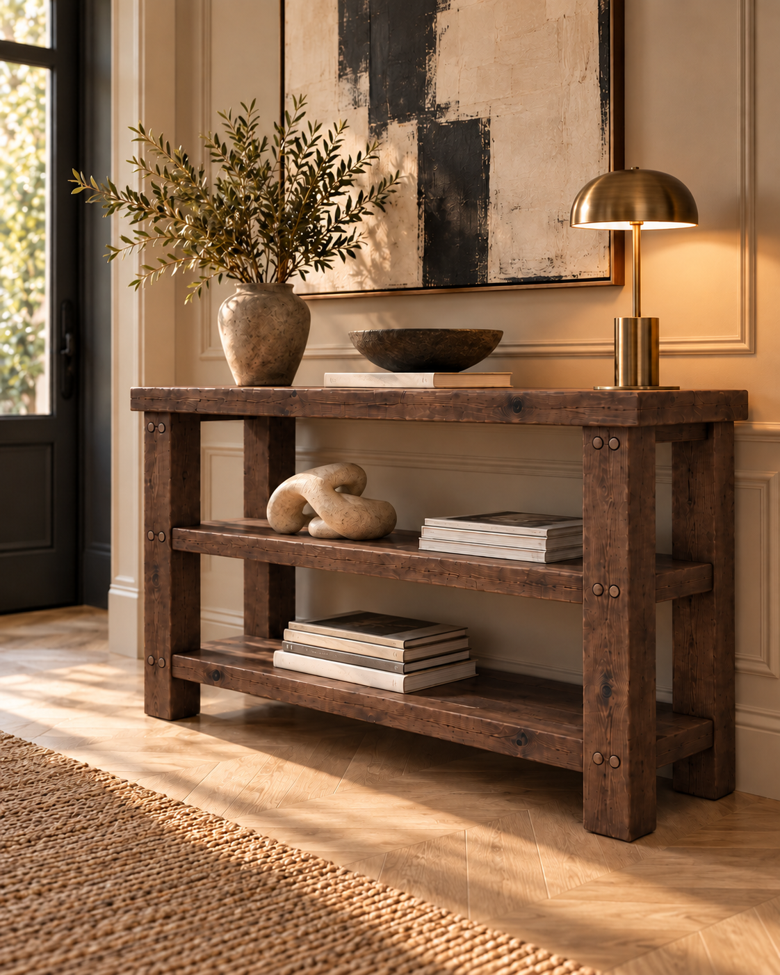 BRAMLEY Walnut Colour Console Table / Side Table With Shelf Solid Wood