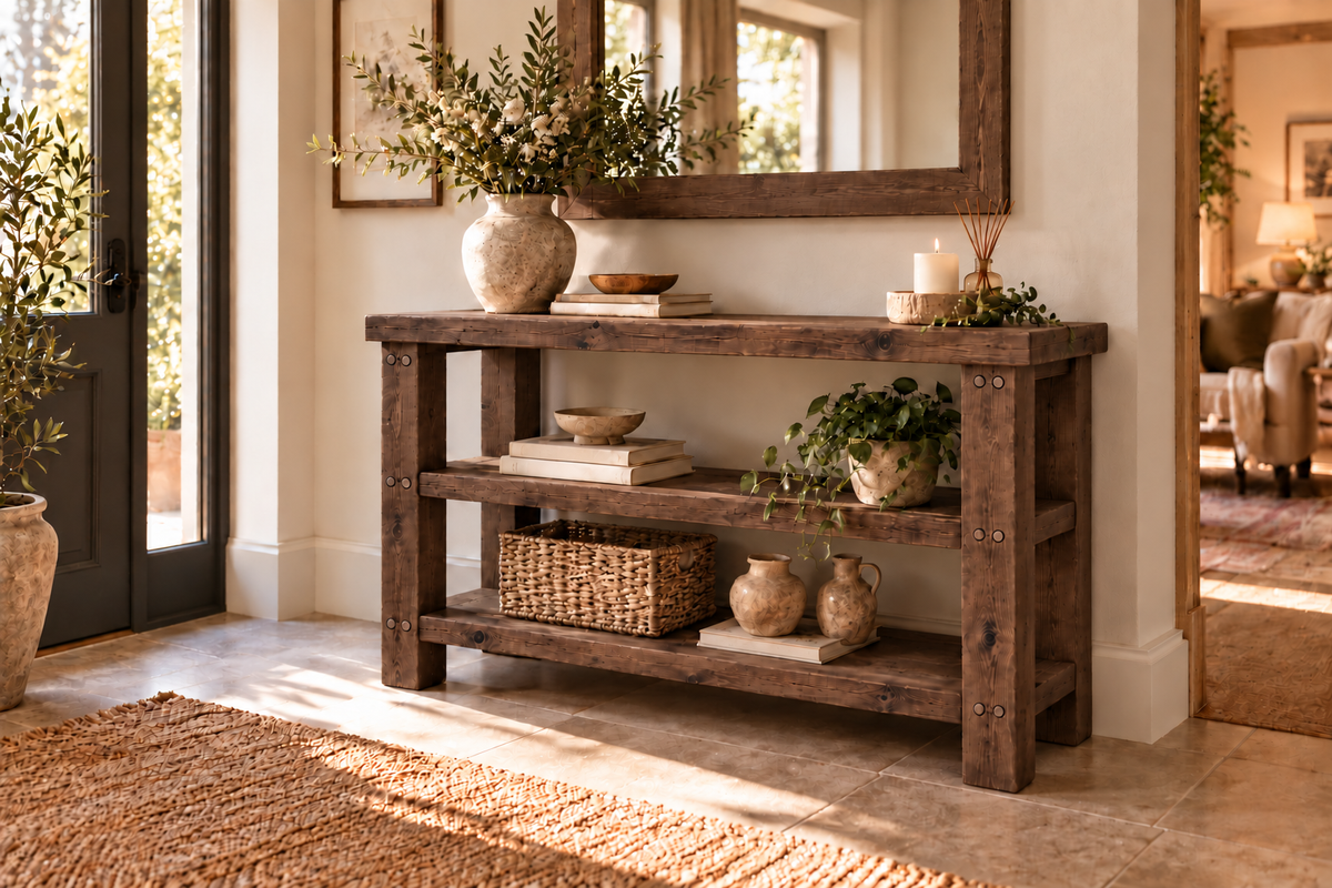 BRAMLEY Walnut Colour Console Table / Side Table With Shelf Solid Wood