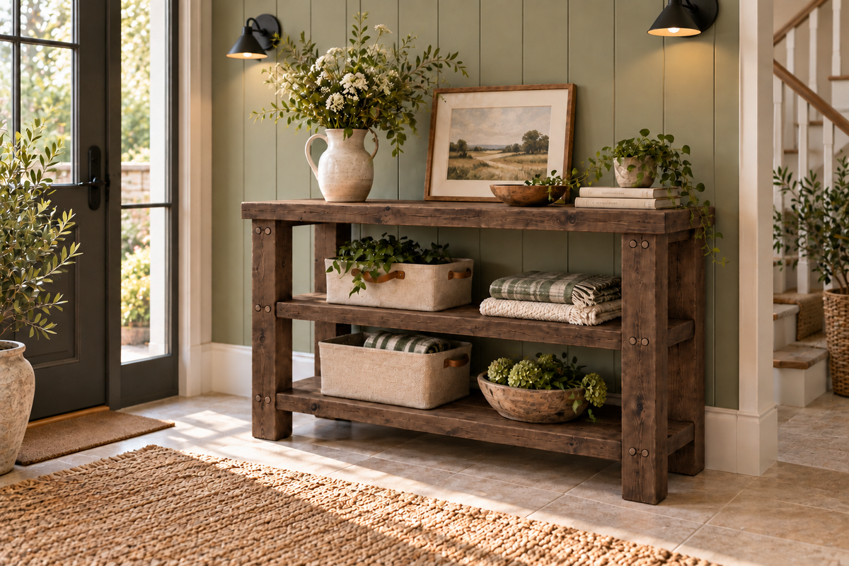 BRAMLEY Walnut Colour Console Table / Side Table With Shelf Solid Wood