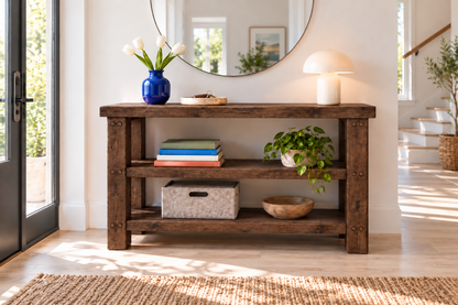 BRAMLEY Walnut Colour Console Table / Side Table With Shelf Solid Wood