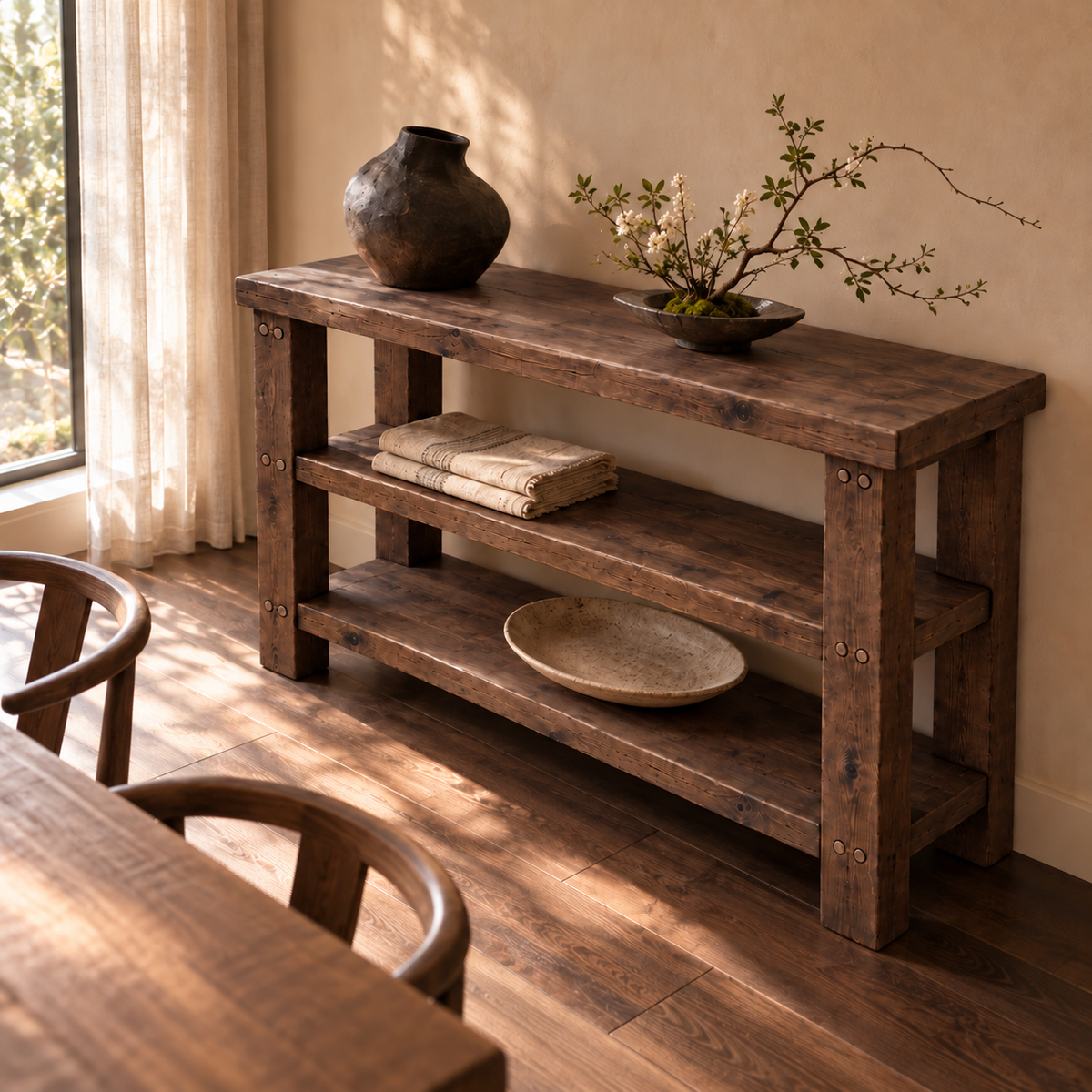 BRAMLEY Walnut Colour Console Table / Side Table With Shelf Solid Wood