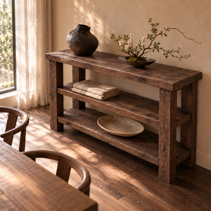 BRAMLEY Walnut Colour Console Table / Side Table With Shelf Solid Wood