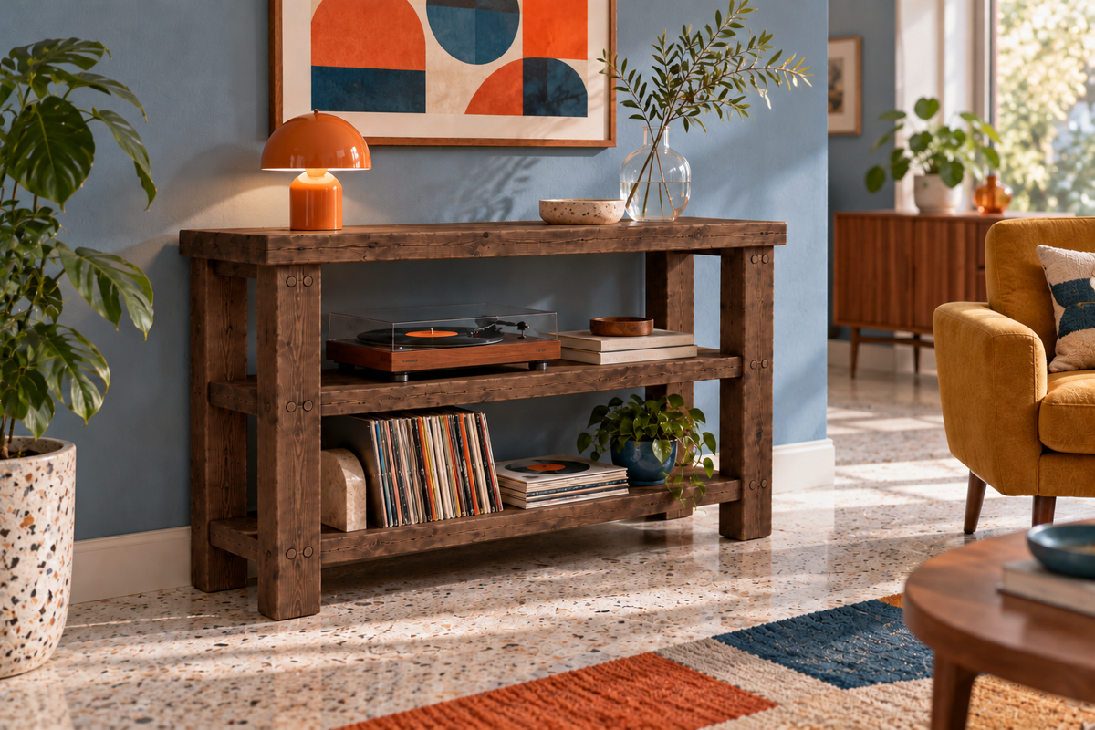 BRAMLEY Walnut Colour Console Table / Side Table With Shelf Solid Wood