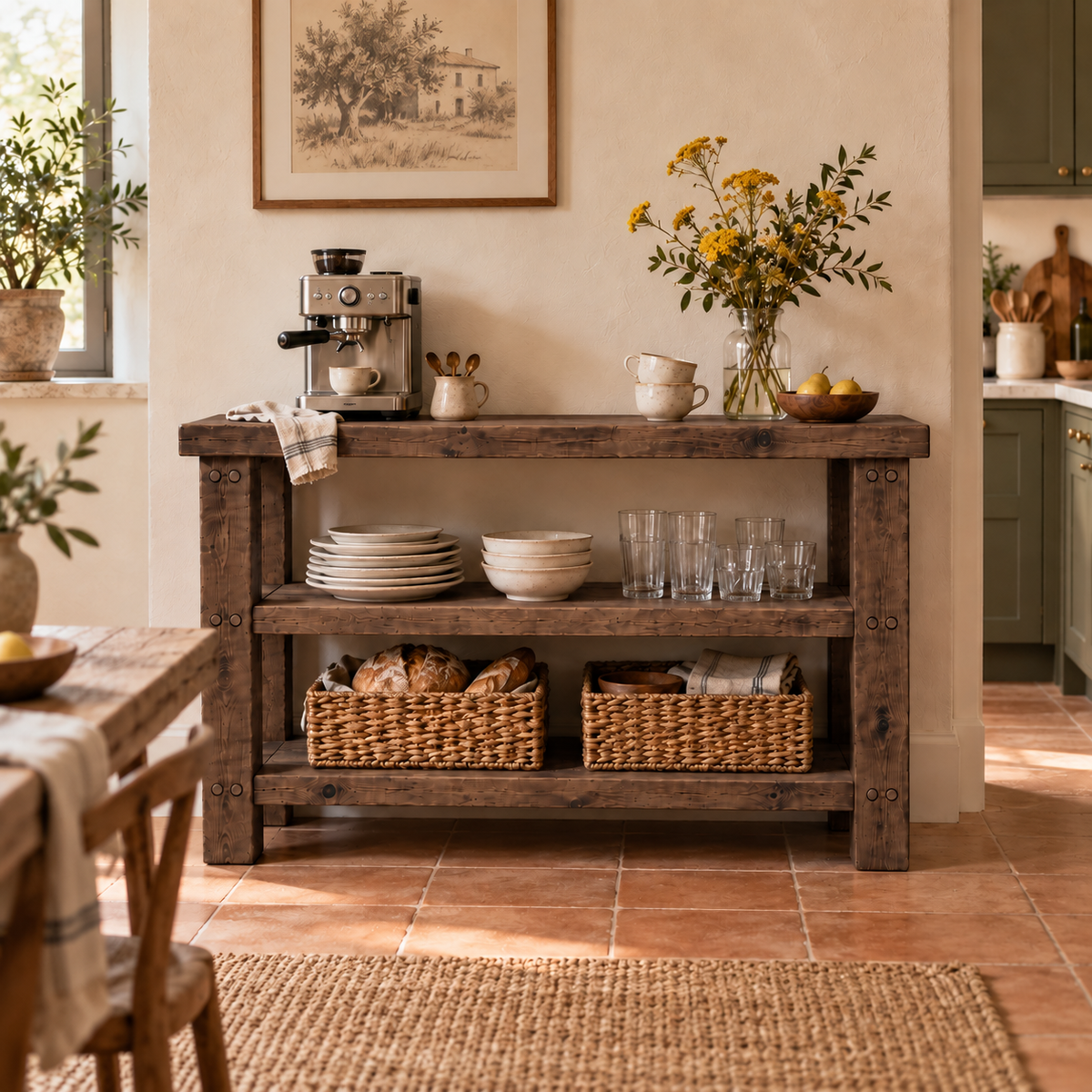 BRAMLEY Walnut Colour Console Table / Side Table With Shelf Solid Wood
