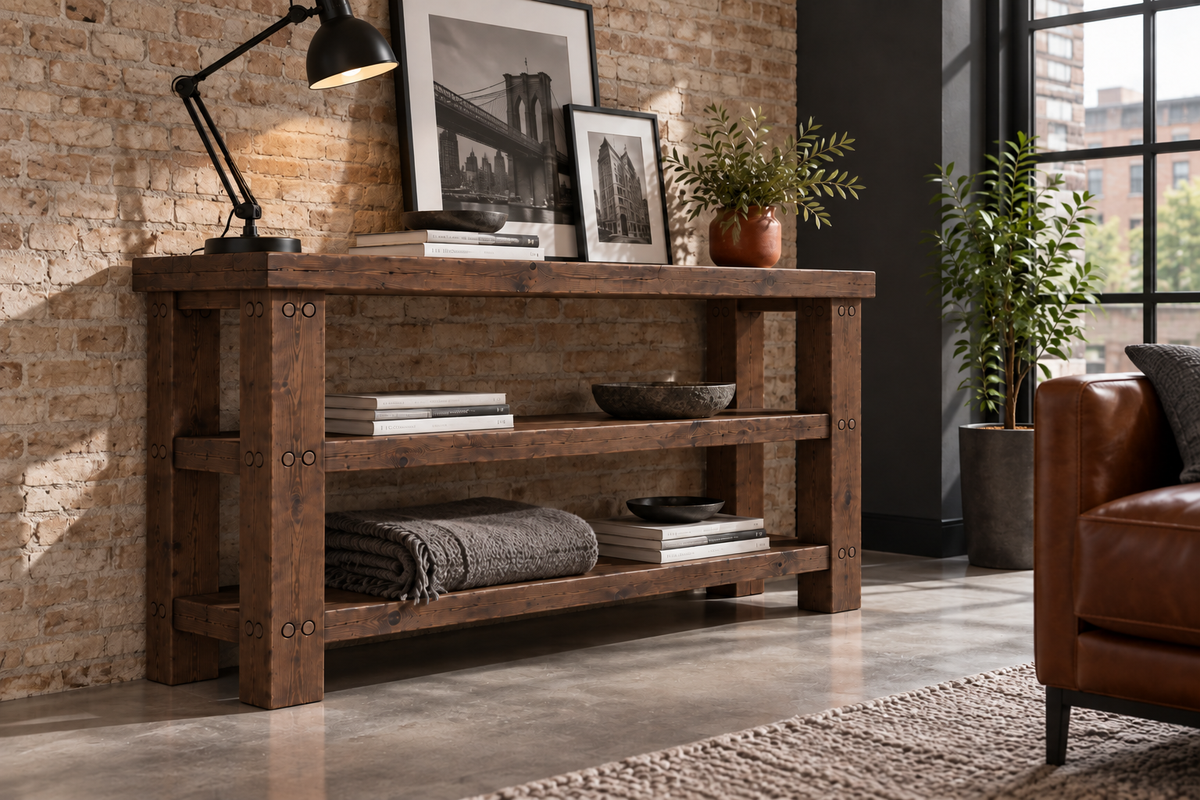 BRAMLEY Walnut Colour Console Table / Side Table With Shelf Solid Wood