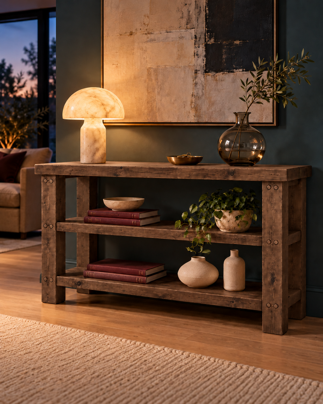 BRAMLEY Walnut Colour Console Table / Side Table With Shelf Solid Wood