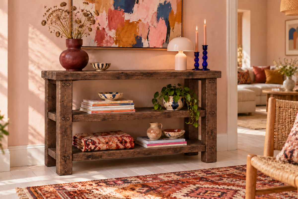 BRAMLEY Walnut Colour Console Table / Side Table With Shelf Solid Wood