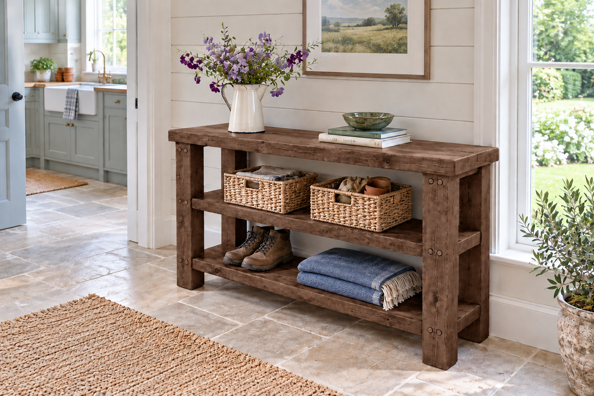BRAMLEY Walnut Colour Console Table / Side Table With Shelf Solid Wood