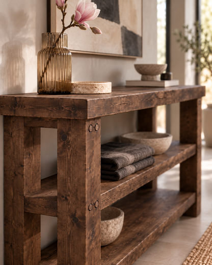 BRAMLEY Walnut Colour Console Table / Side Table With Shelf Solid Wood