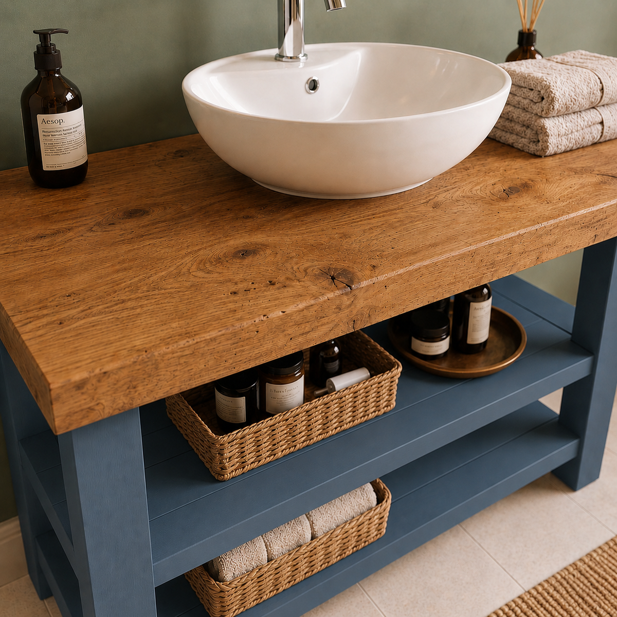 BRAMLEY Blue Colour Solid Wood Bathroom Vanity With Shelf