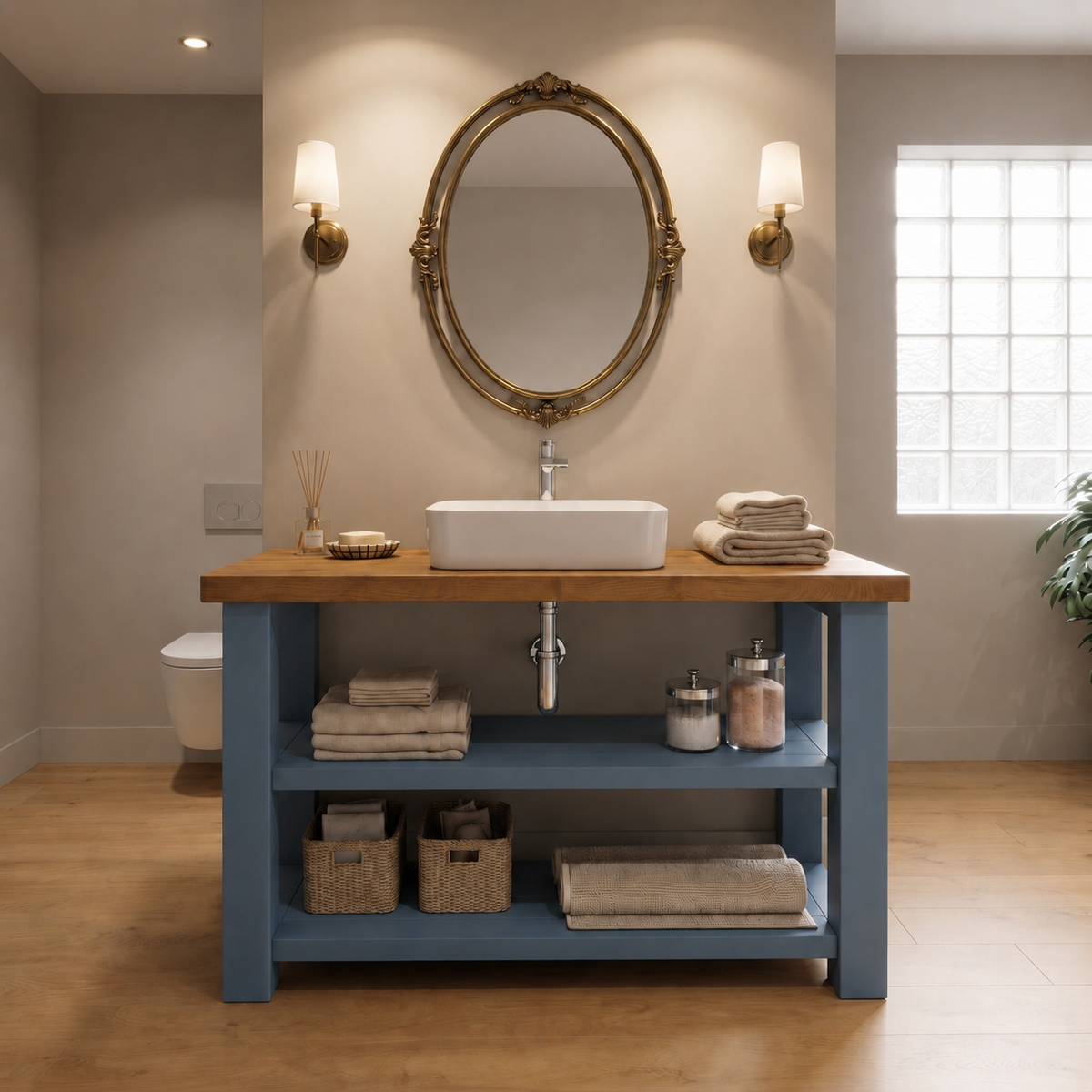 BRAMLEY Blue Colour Solid Wood Bathroom Vanity With Shelf