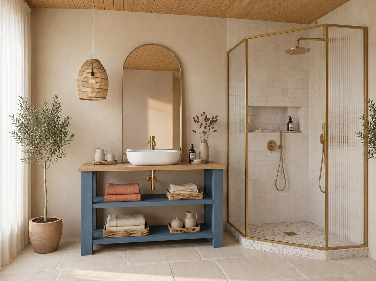 BRAMLEY Blue Colour Solid Wood Bathroom Vanity With Shelf