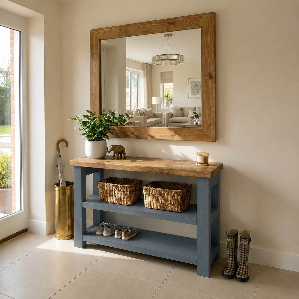 BRAMLEY Blue Console Table / Side Table With Shelf Solid Wood