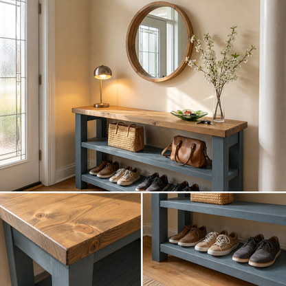 BRAMLEY Blue Console Table / Side Table With Shelf Solid Wood