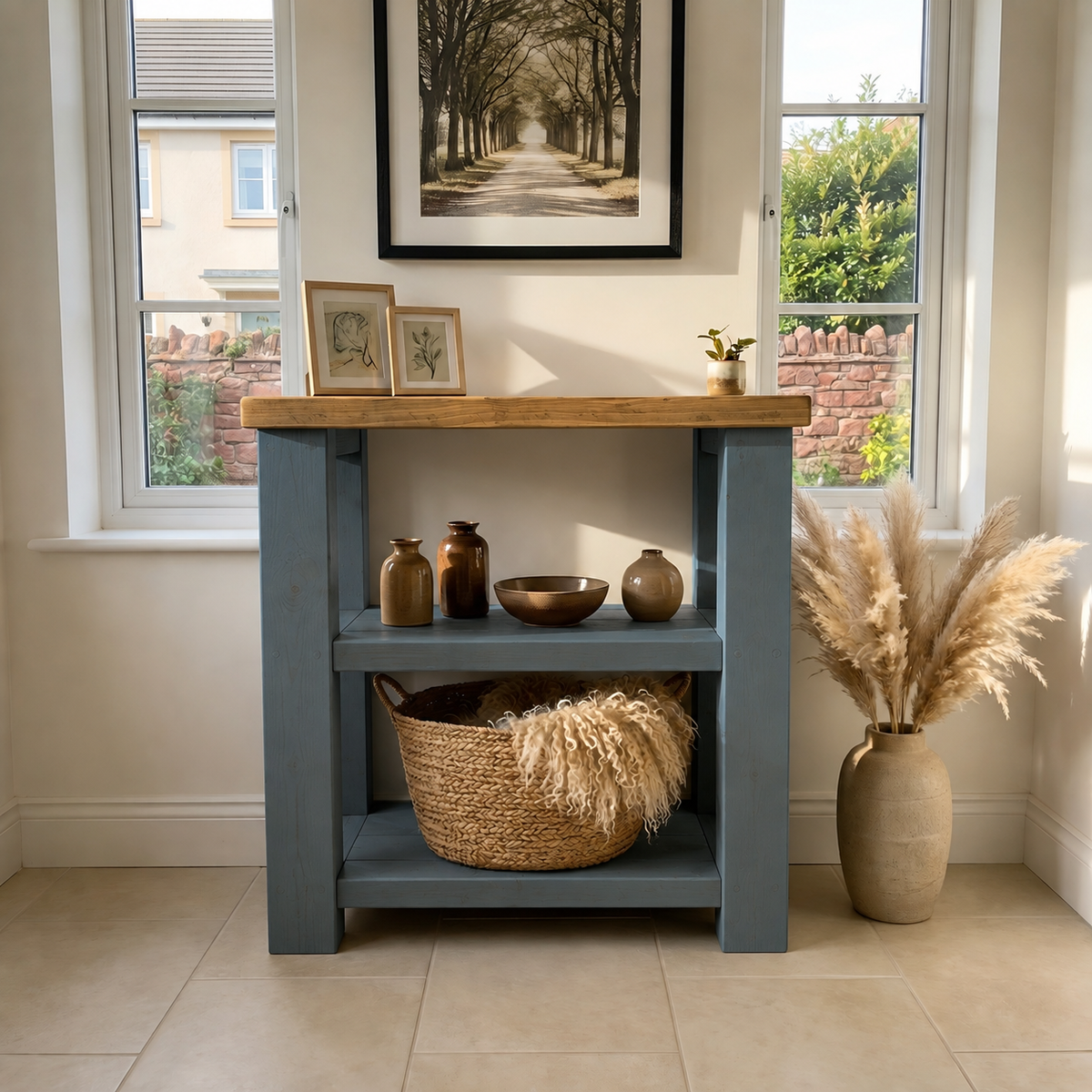 BRAMLEY Blue Console Table / Side Table With Shelf Solid Wood