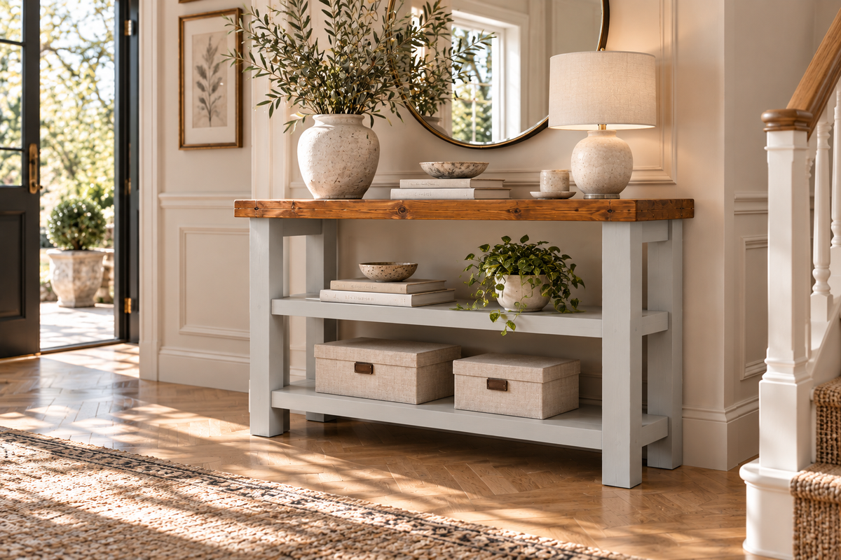 BRAMLEY Light Grey Console Colour Solid Wood Bathroom Vanity With Shelf