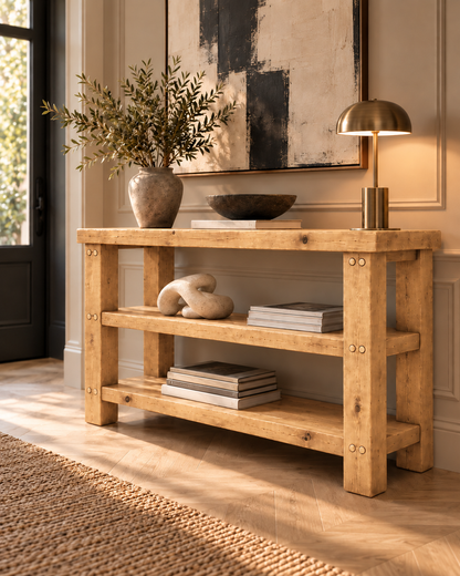 BRAMLEY Light Oak Colour Console Table / Side Table With Shelf Solid Wood