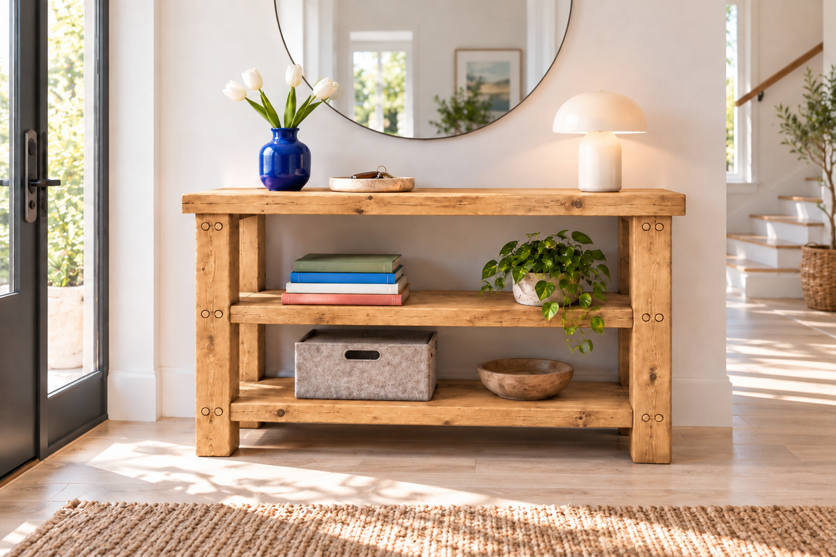 BRAMLEY Light Oak Colour Console Table / Side Table With Shelf Solid Wood