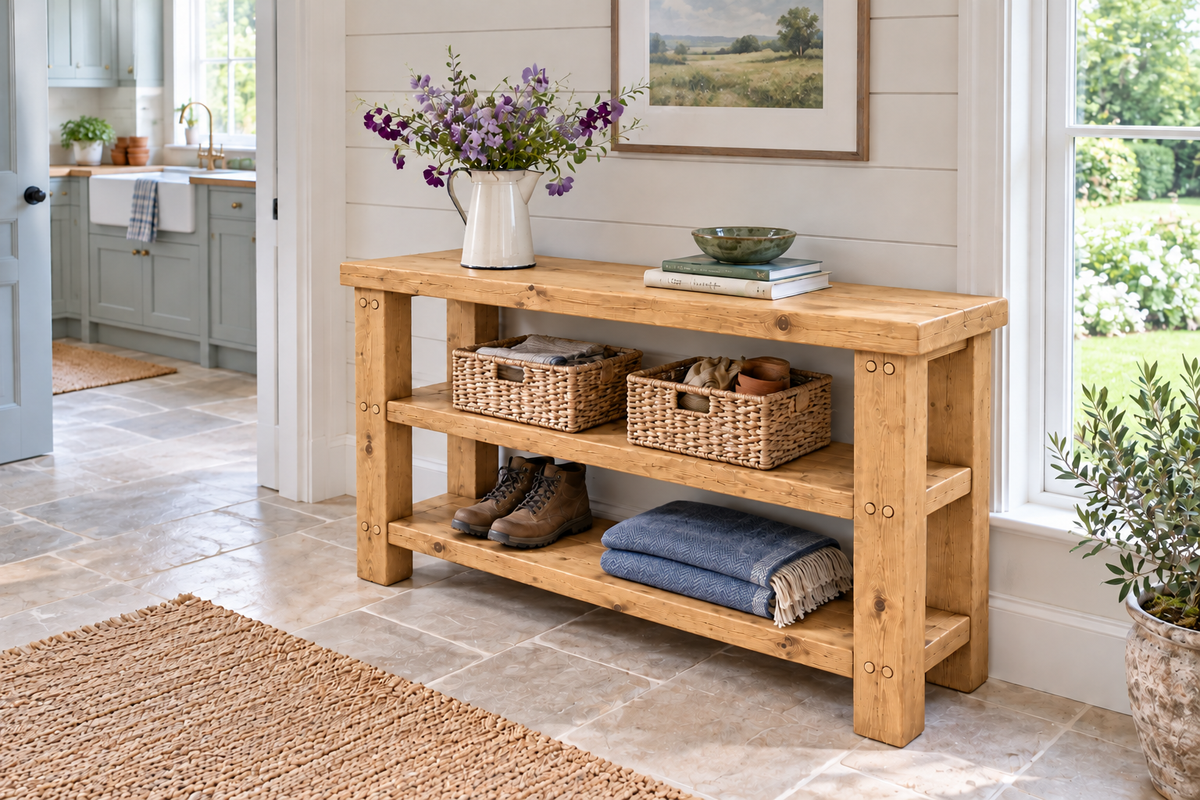 BRAMLEY Light Oak Colour Console Table / Side Table With Shelf Solid Wood