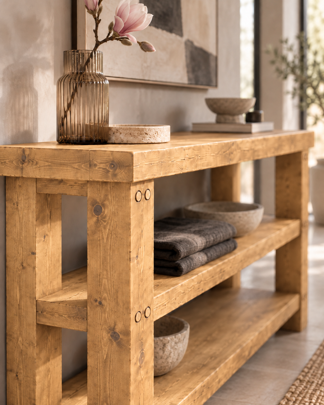 BRAMLEY Light Oak Colour Console Table / Side Table With Shelf Solid Wood