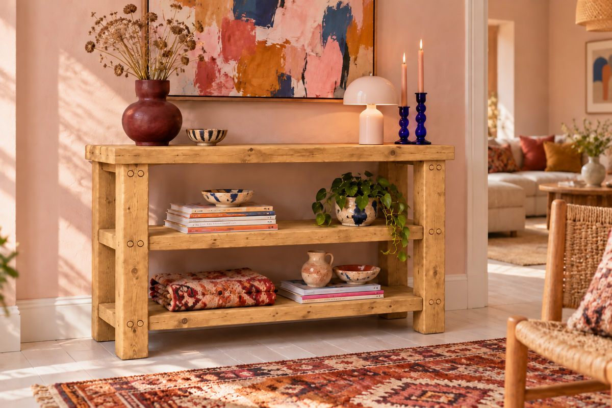 BRAMLEY Light Oak Colour Console Table / Side Table With Shelf Solid Wood
