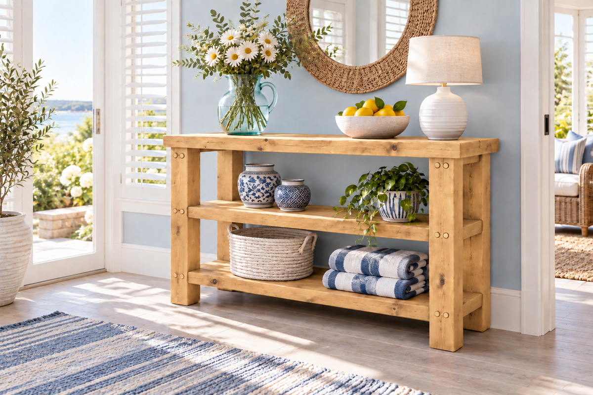 BRAMLEY Light Oak Colour Console Table / Side Table With Shelf Solid Wood