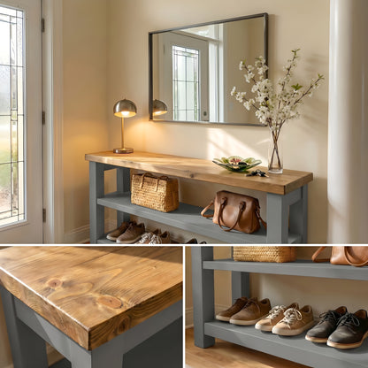 BRAMLEY Grey Console Table / Side Table With Shelf Solid Wood