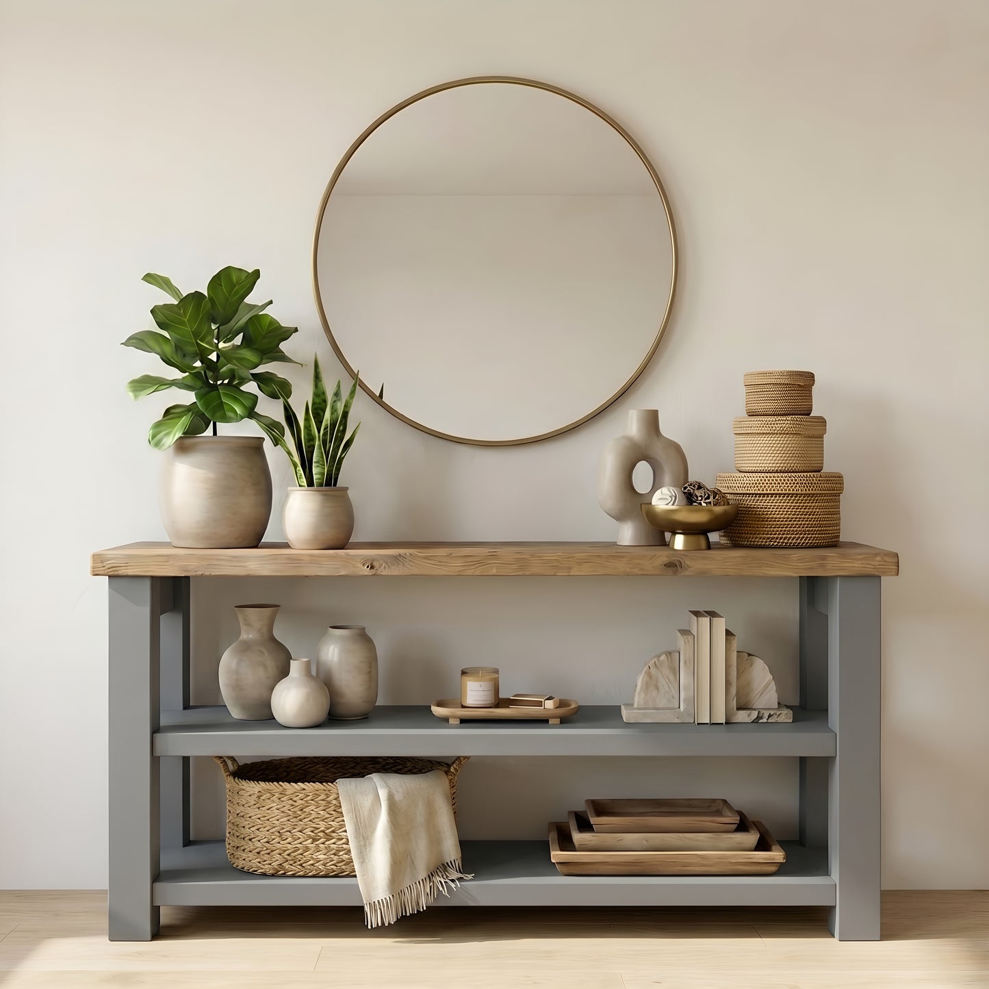 BRAMLEY Grey Console Table / Side Table With Shelf Solid Wood