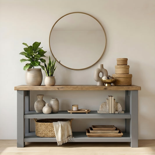 BRAMLEY Grey Console Table / Side Table With Shelf Solid Wood