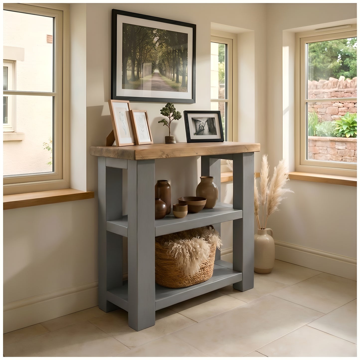BRAMLEY Grey Console Table / Side Table With Shelf Solid Wood