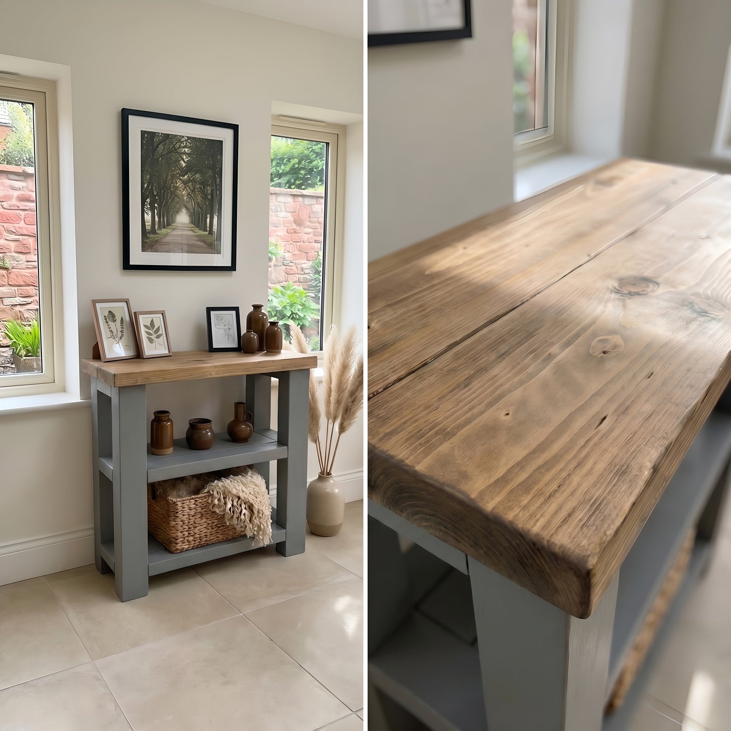 BRAMLEY Grey Console Table / Side Table With Shelf Solid Wood