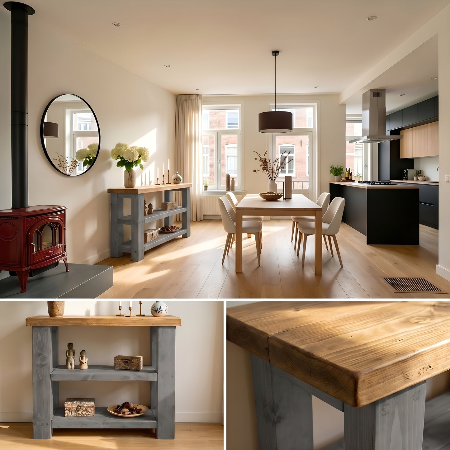 BRAMLEY Grey Console Table / Side Table With Shelf Solid Wood