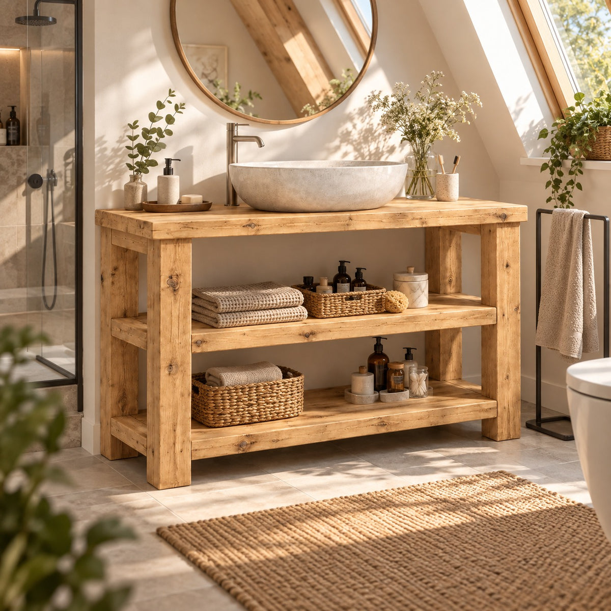BRAMLEY Light Oak Colour Solid Wood Bathroom Vanity With Shelf