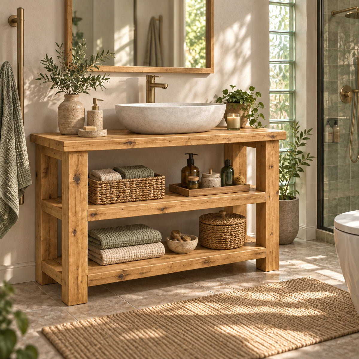 BRAMLEY Light Oak Colour Solid Wood Bathroom Vanity With Shelf