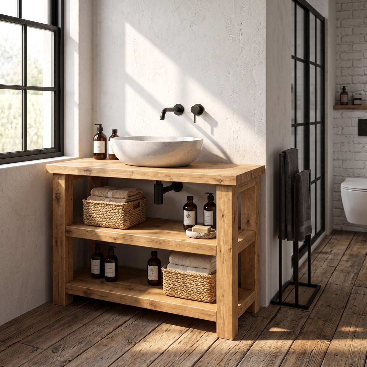 BRAMLEY Light Oak Colour Solid Wood Bathroom Vanity With Shelf