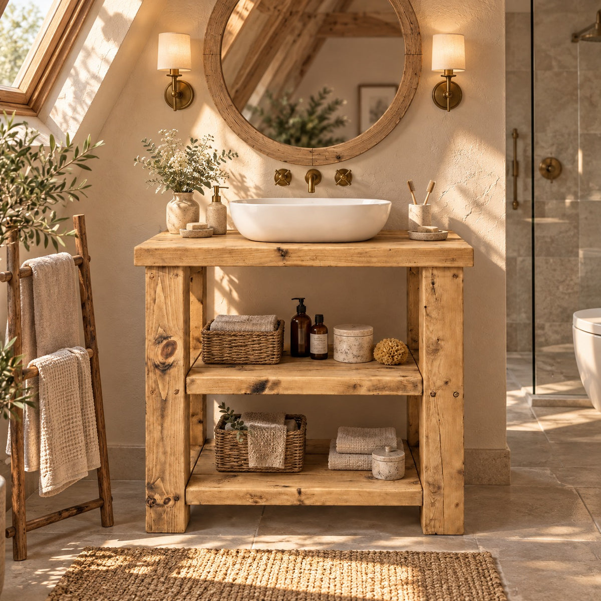 BRAMLEY Light Oak Colour Solid Wood Bathroom Vanity With Shelf