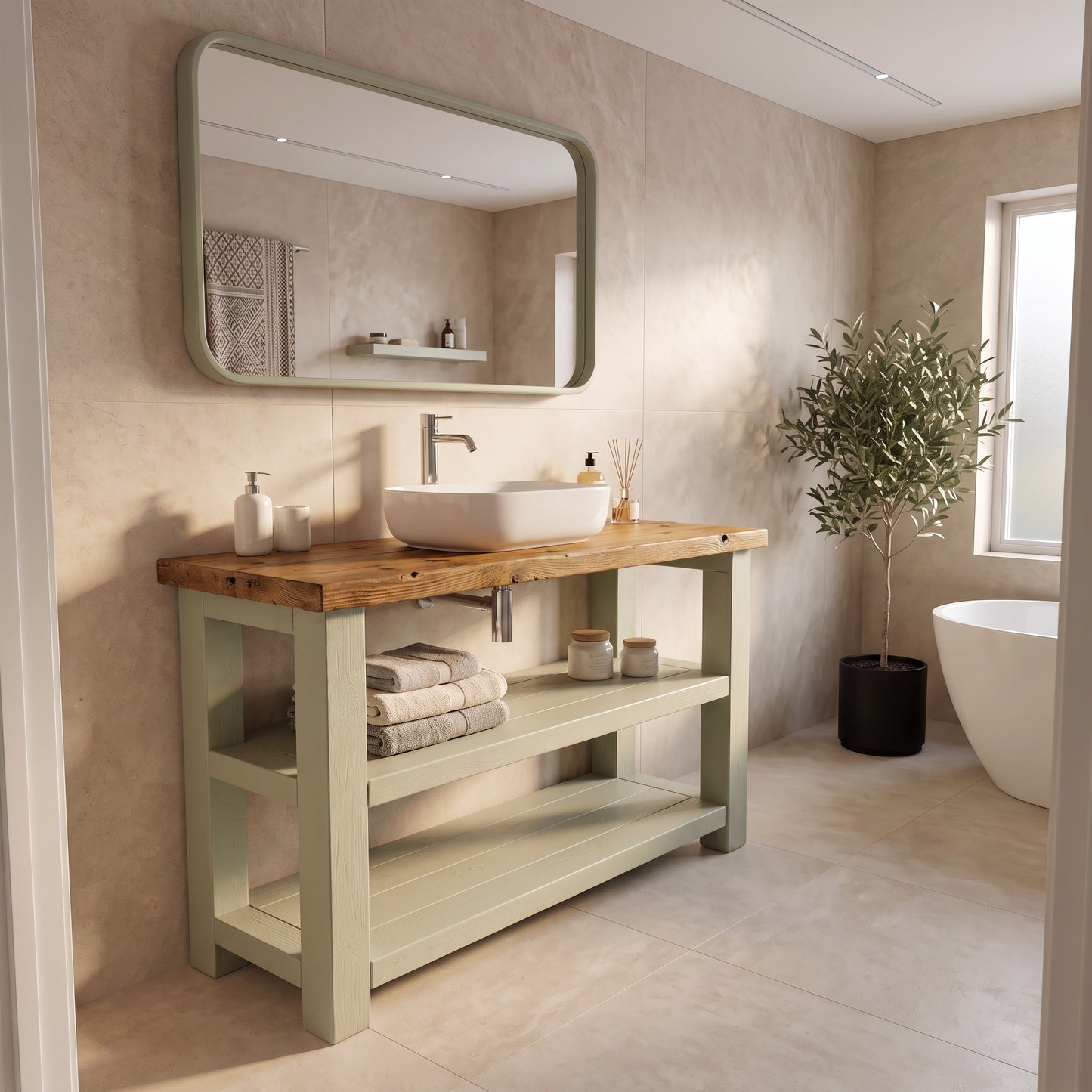 BRAMLEY Sage Green Solid Wood Bathroom Vanity With Shelf