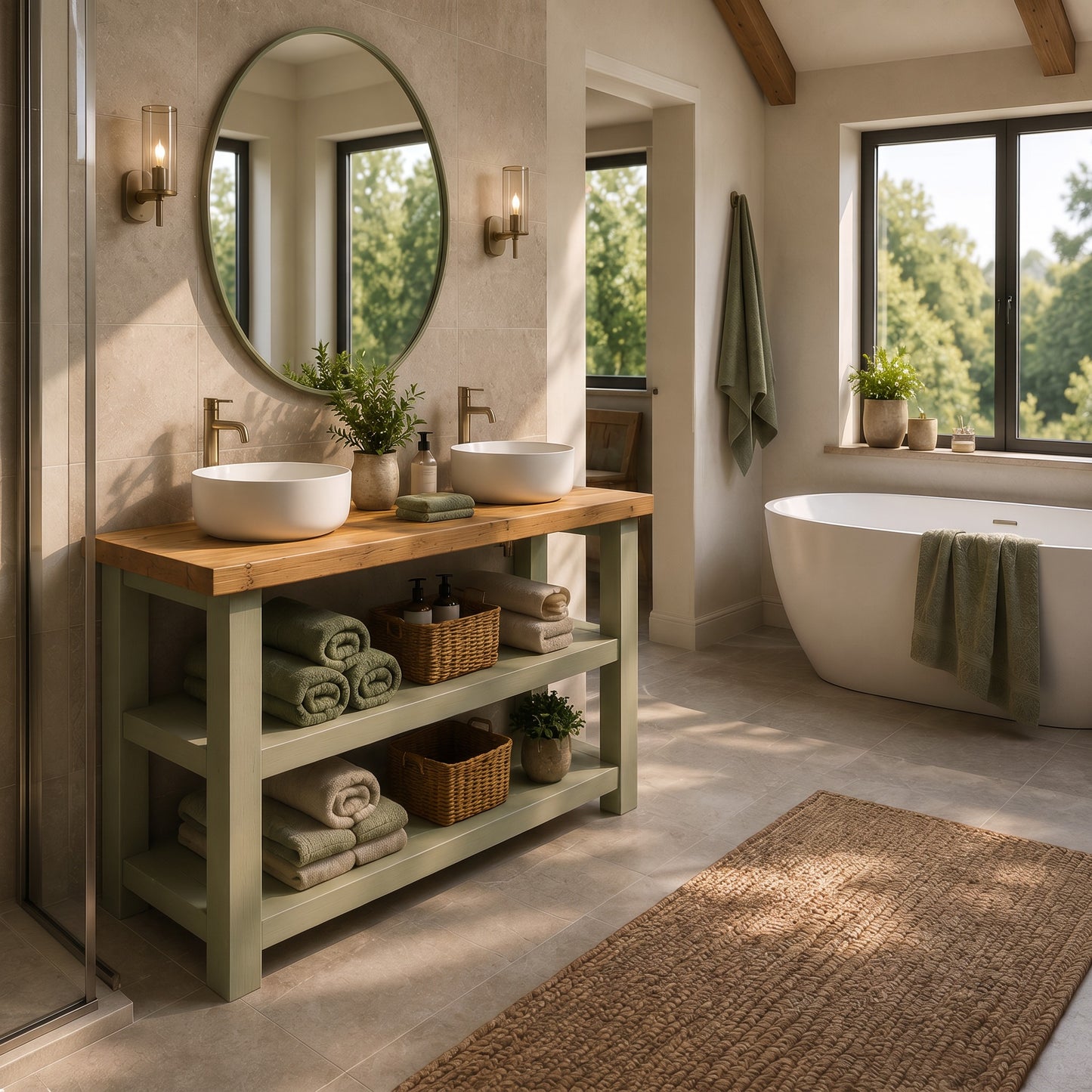 BRAMLEY Sage Green Solid Wood Bathroom Vanity With Shelf